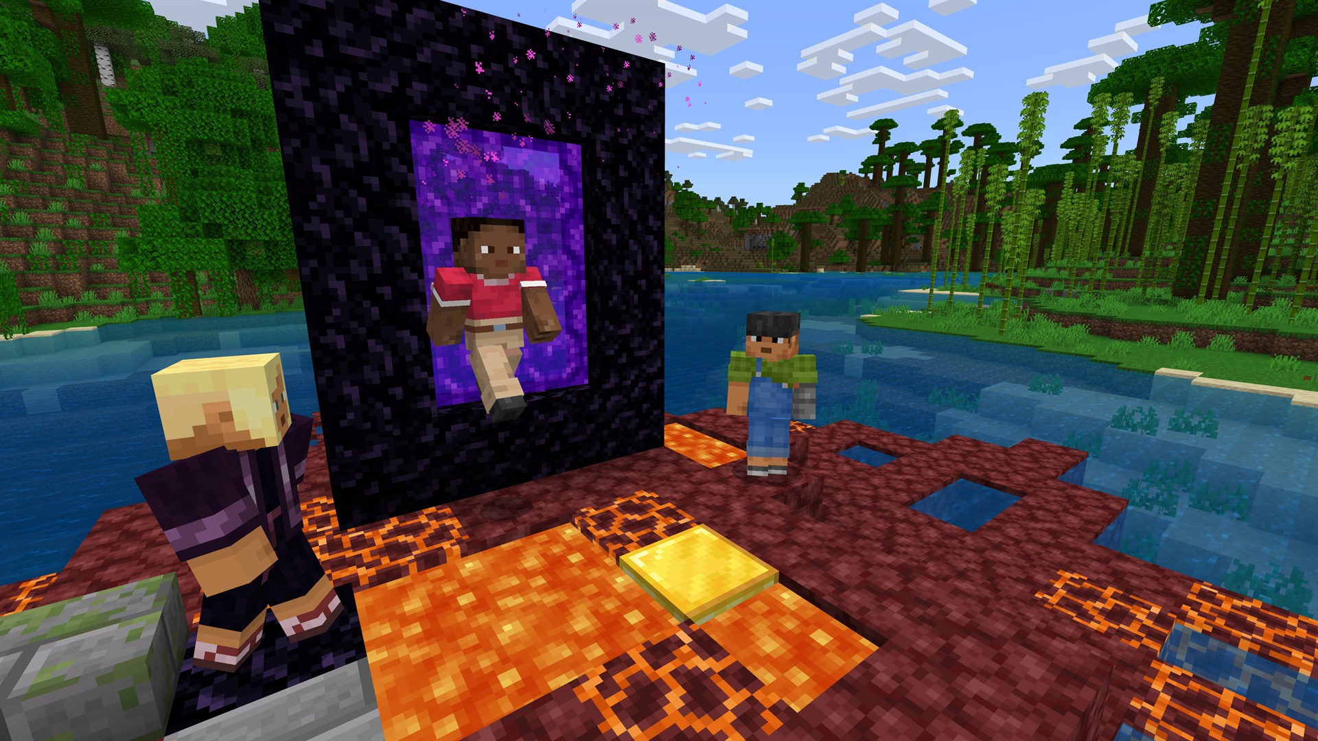 Three players gathered around a Nether portal in Minecraft